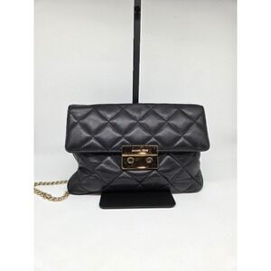 Michael Kors Sloan Small Quilted Leather Chain Shoulder Bag Black Gold